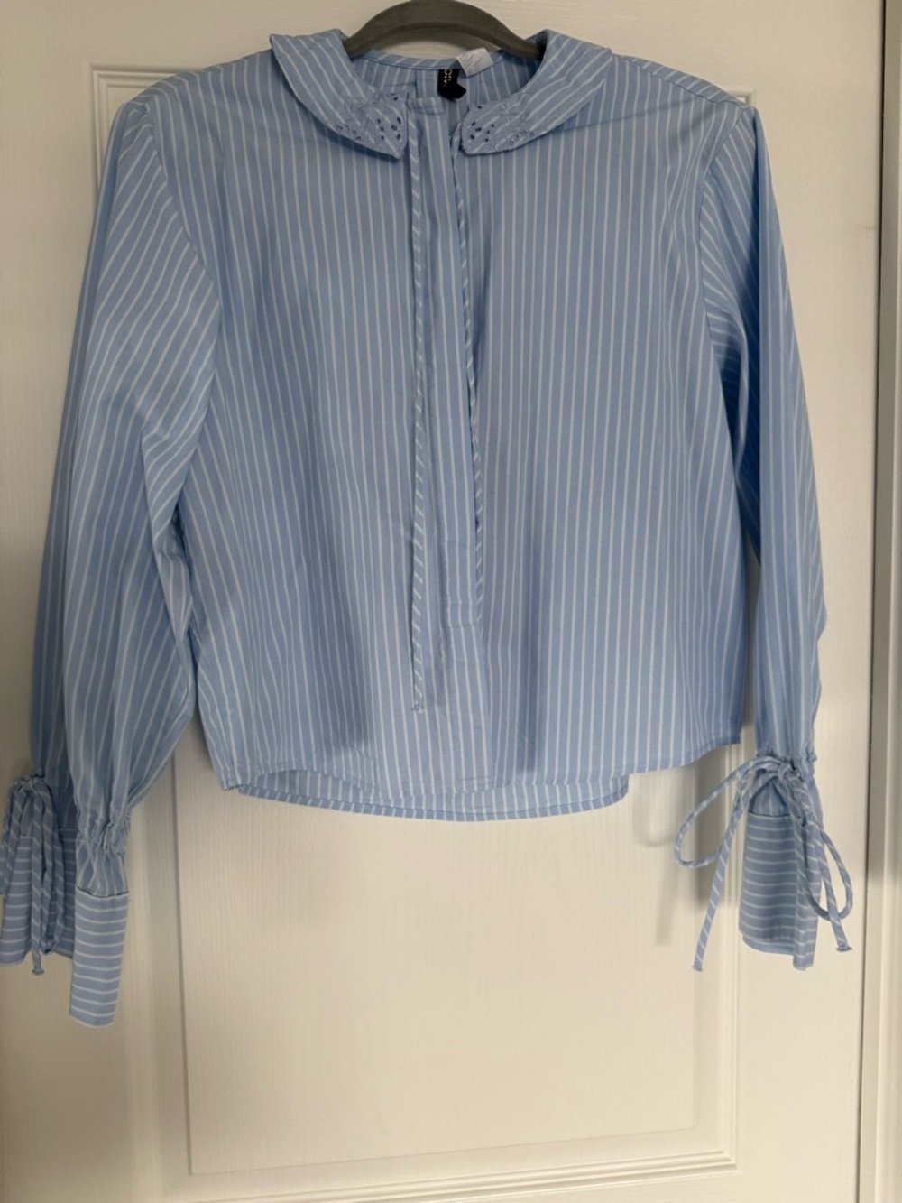 Divided Light Blue & White Striped Tie-Cuff Blouse
